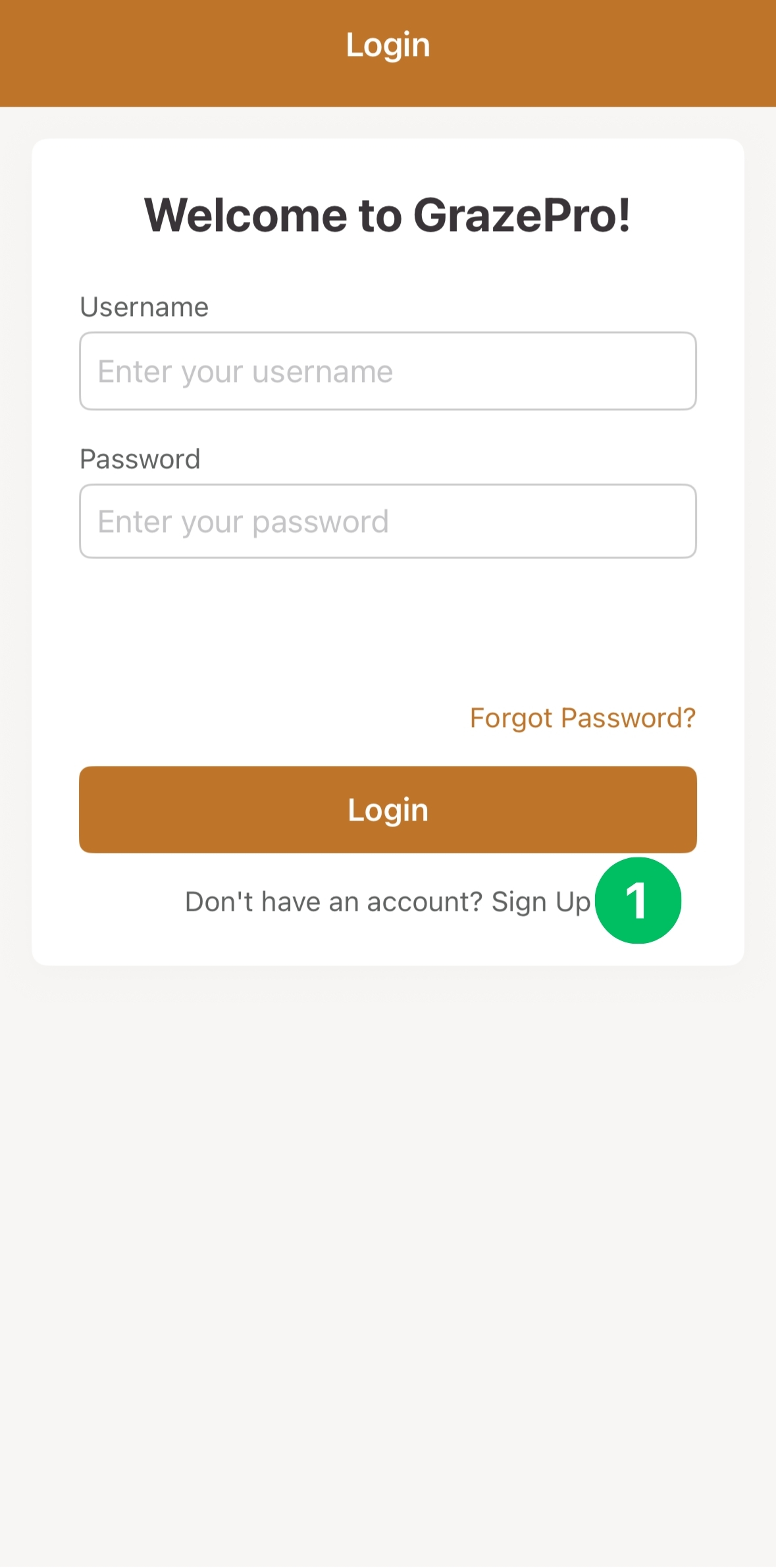 Mobile login screen, with the Sign Up link marked 1