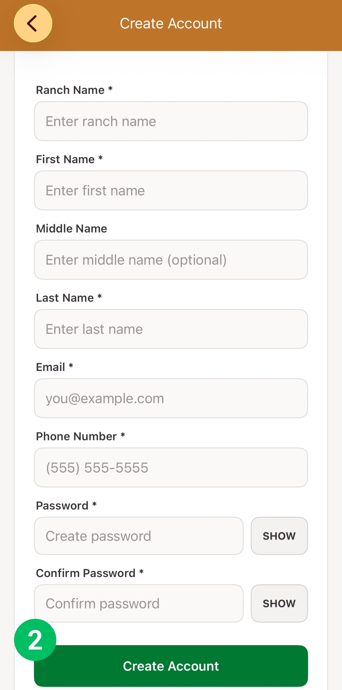 Create Account form, with the Create Account button marked 2