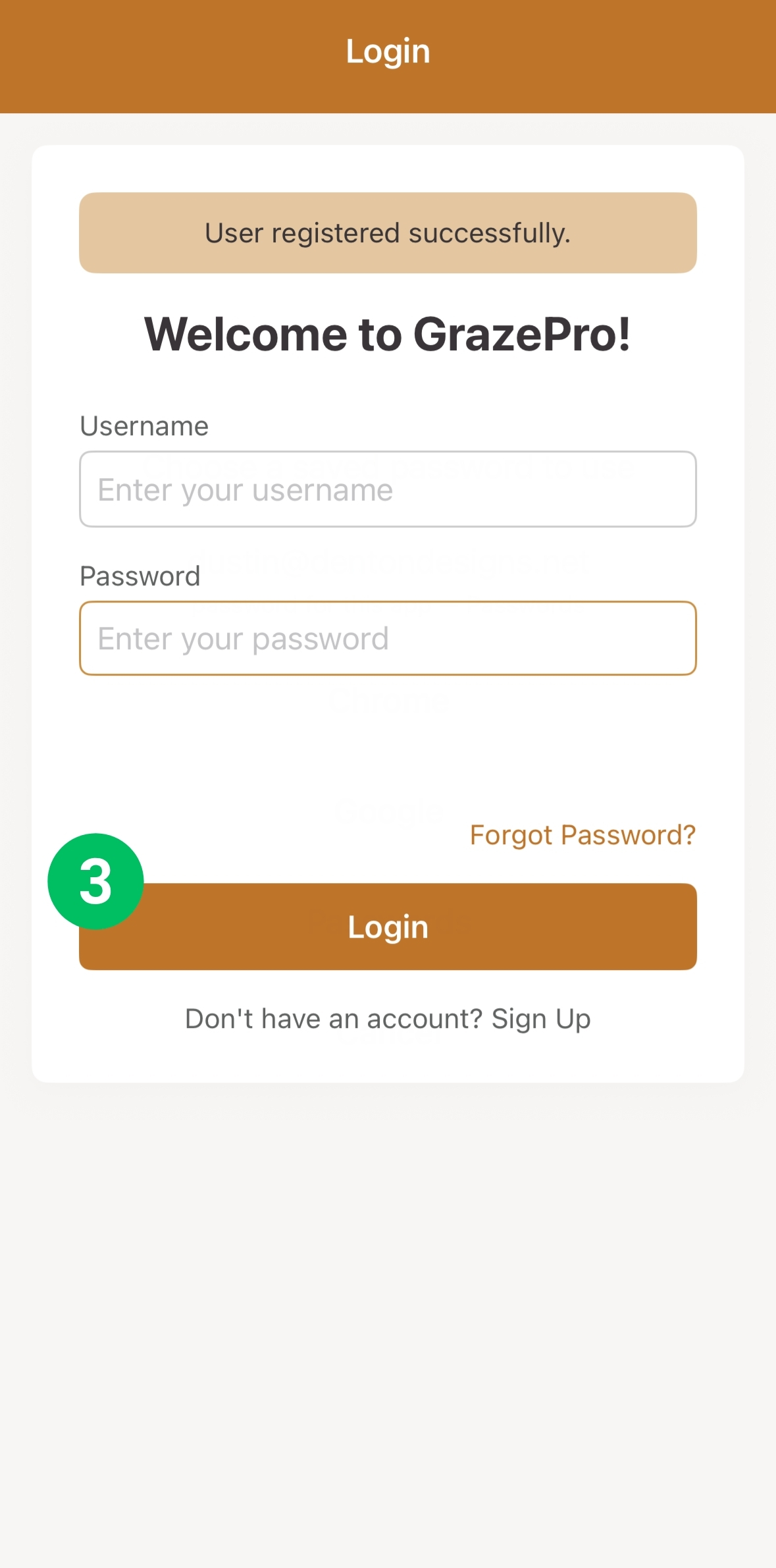 Login screen displaying registration success, with Login marked 3