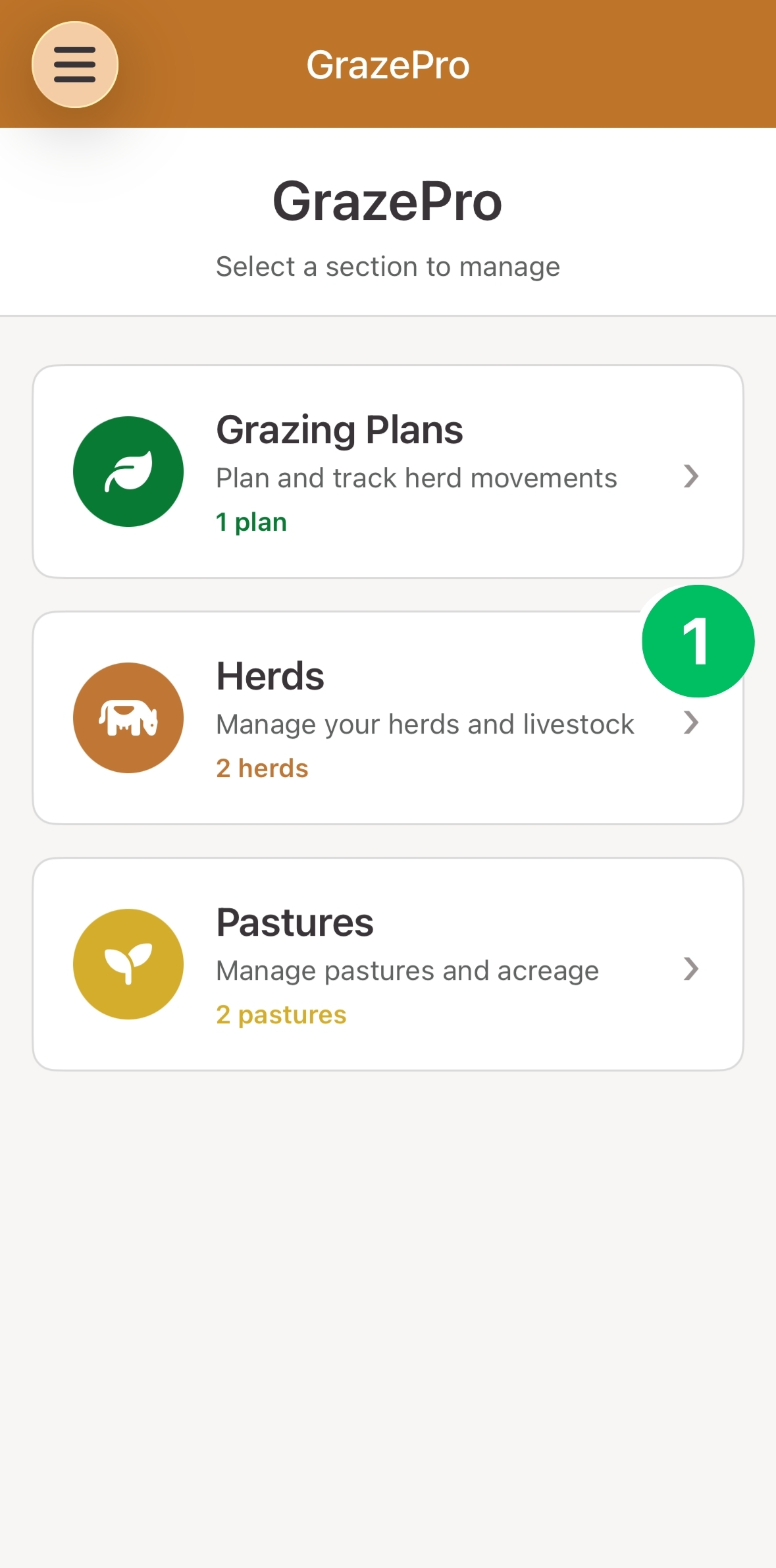 Mobile home screen, with the Herds section marked 1