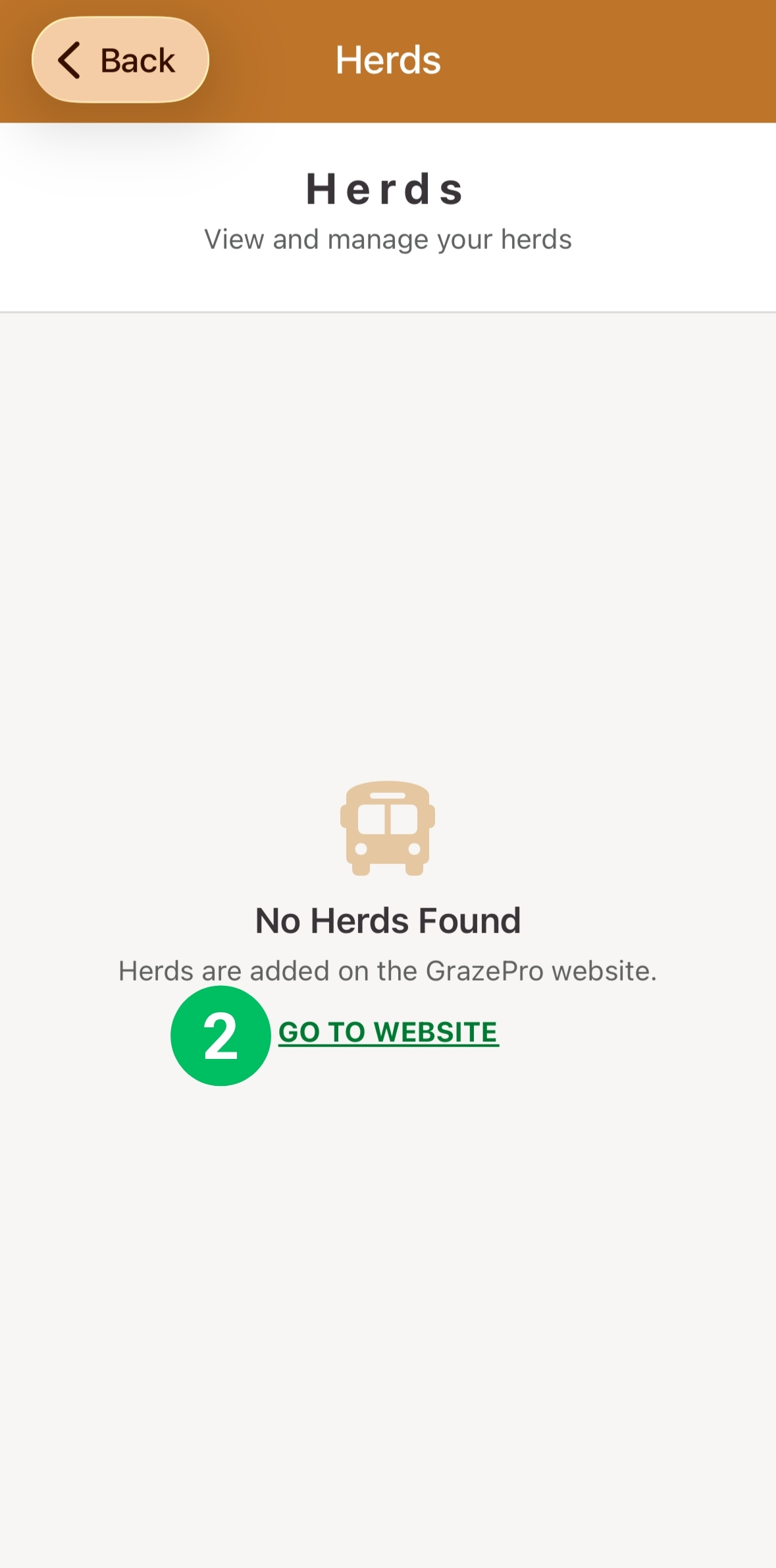 Empty Herds screen, with Go To Website marked 2