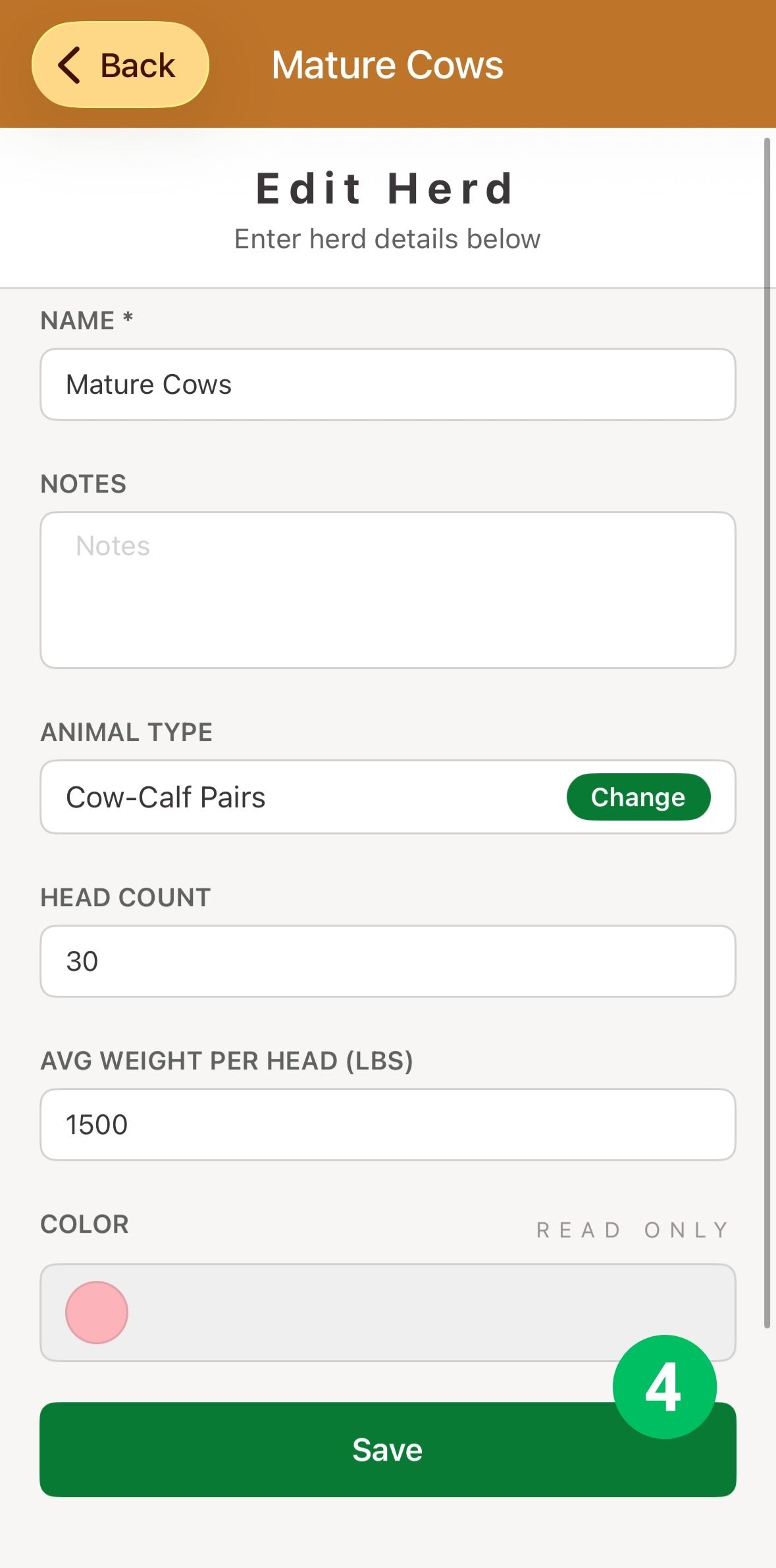 Edit Herd form, with Save marked 4