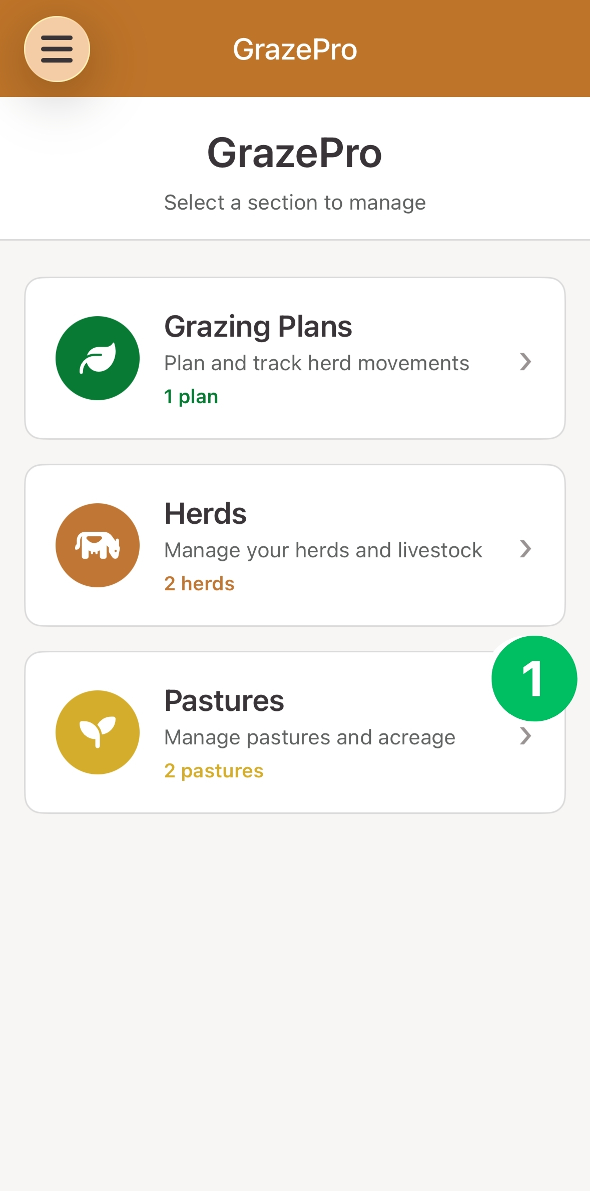 Mobile home screen, with the Pastures section marked 1