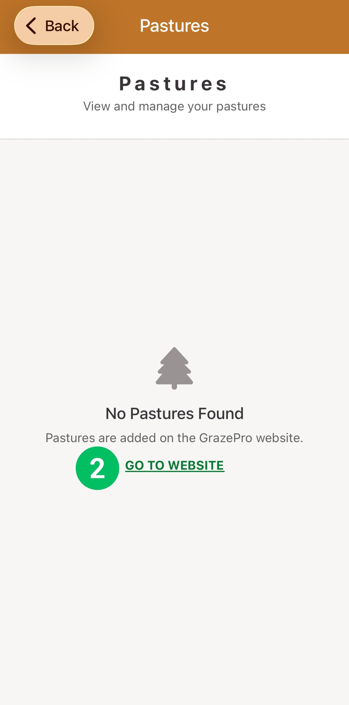 Empty Pastures screen, with Go To Website marked 2
