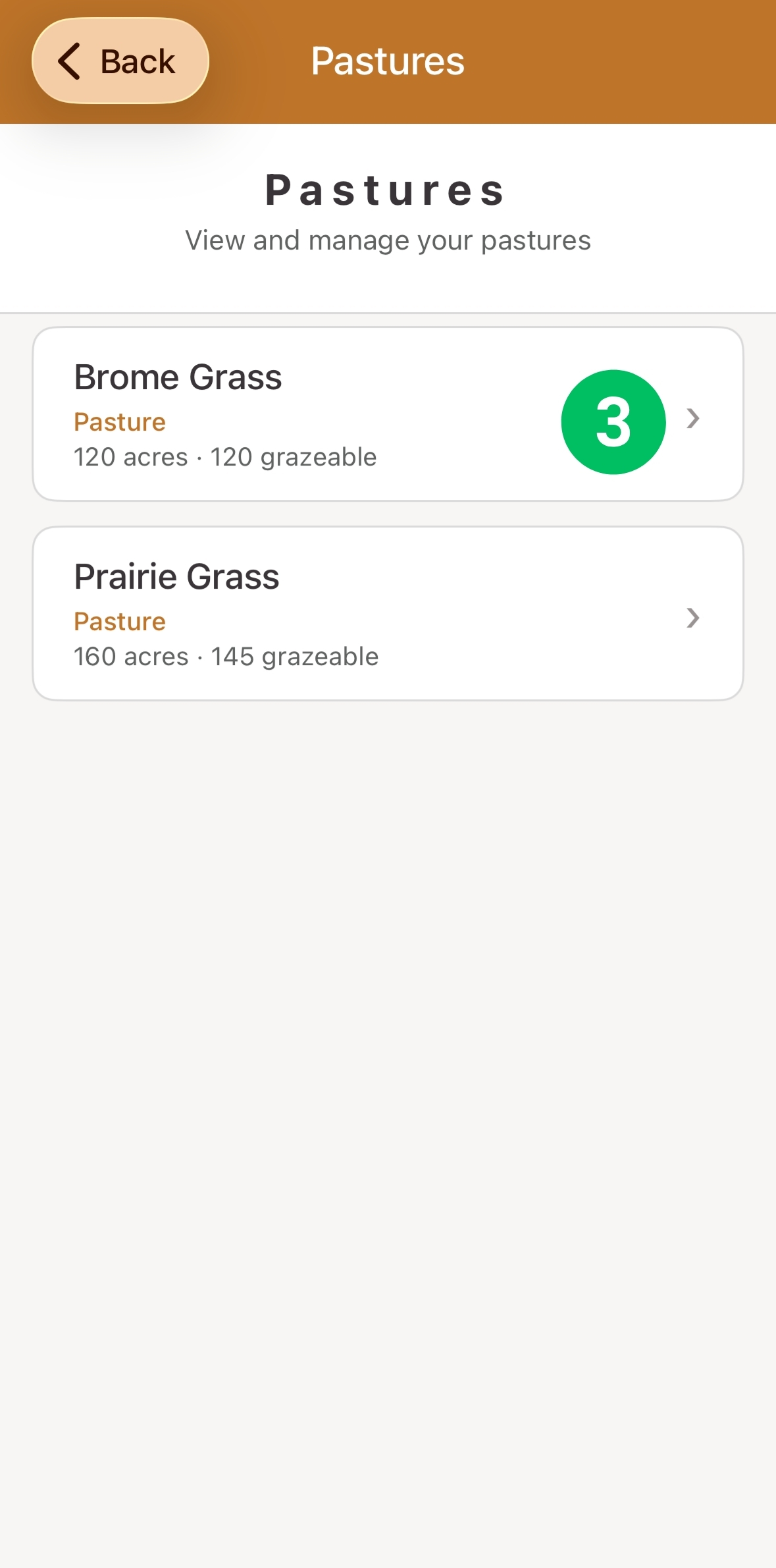 Pastures list, with a pasture entry marked 3