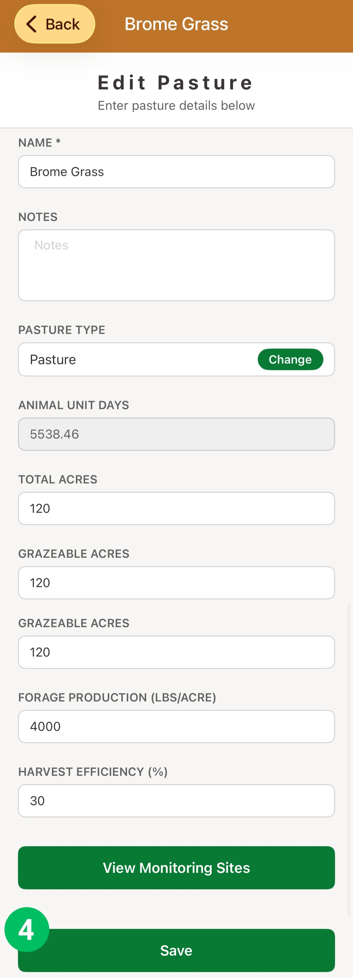 Edit Pasture form, with Save marked 4