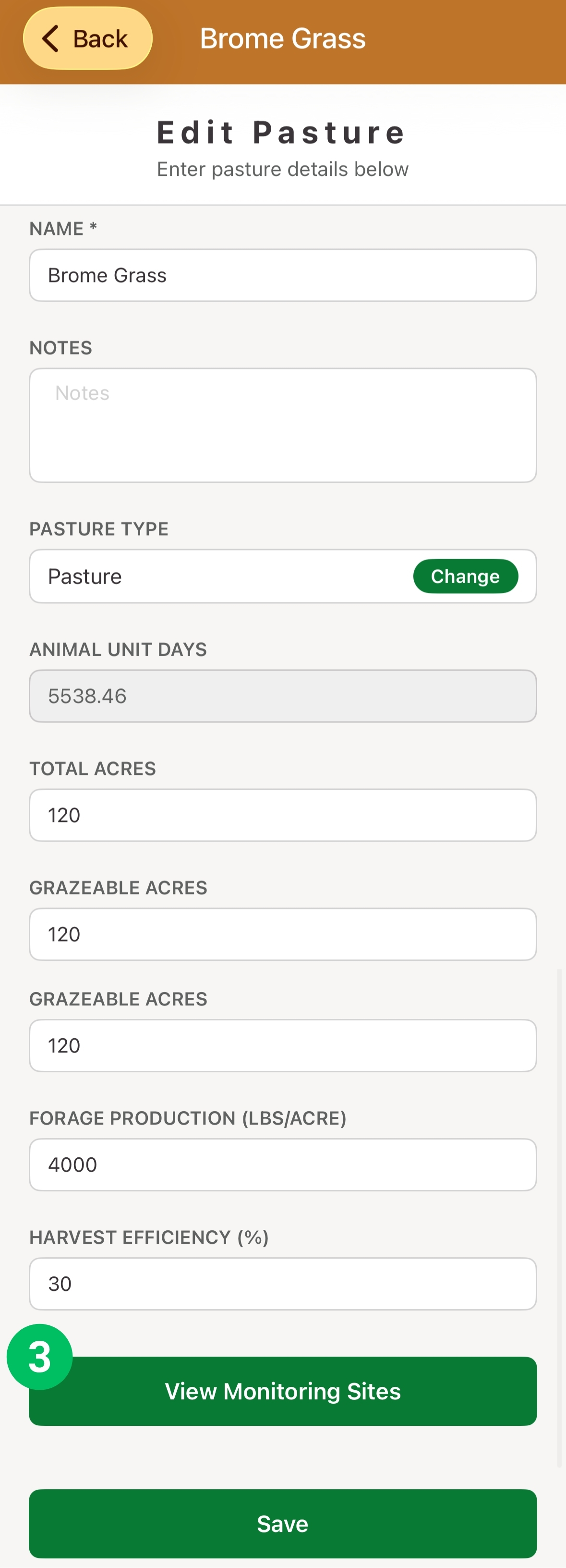 Edit Pasture form, with View Monitoring Sites marked 3
