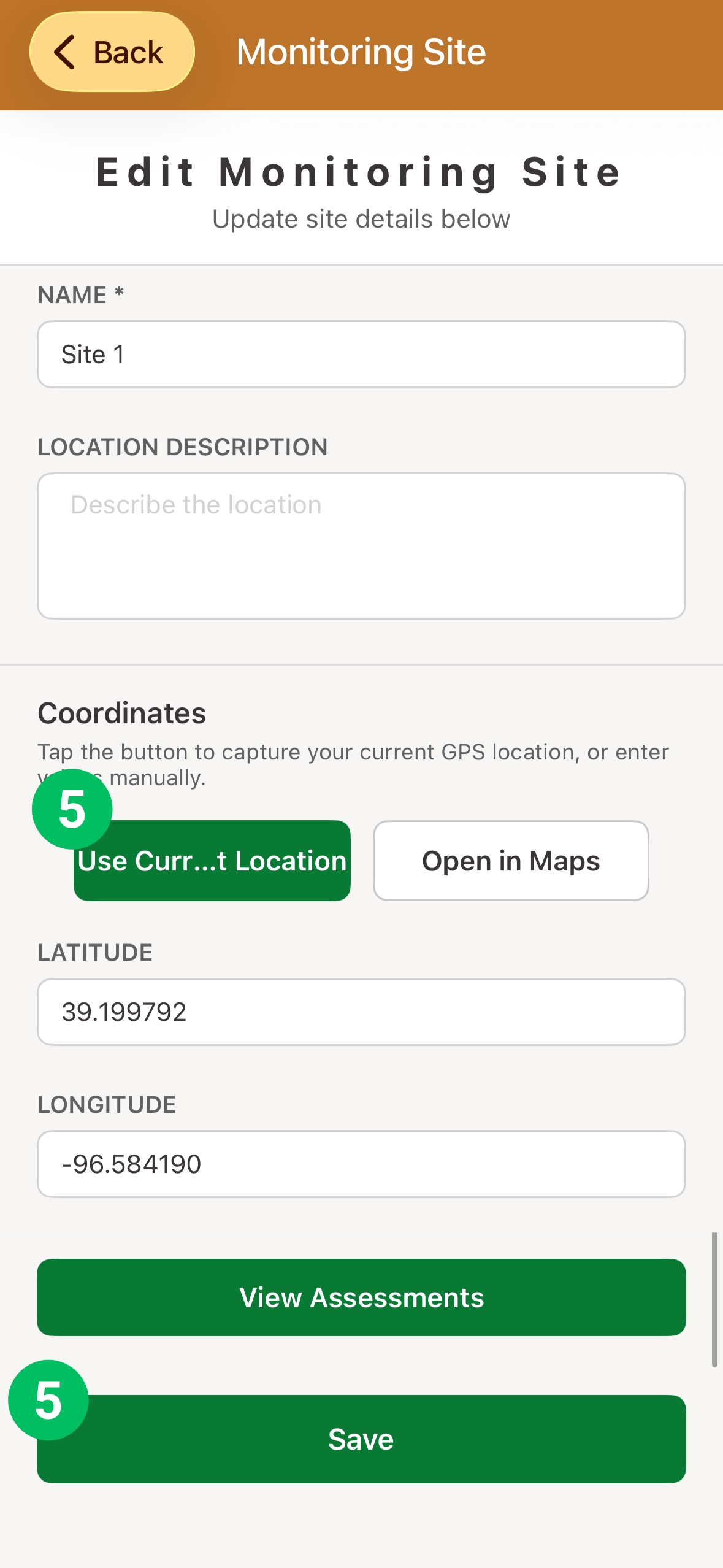 Edit Monitoring Site form, with location and Save controls marked 5