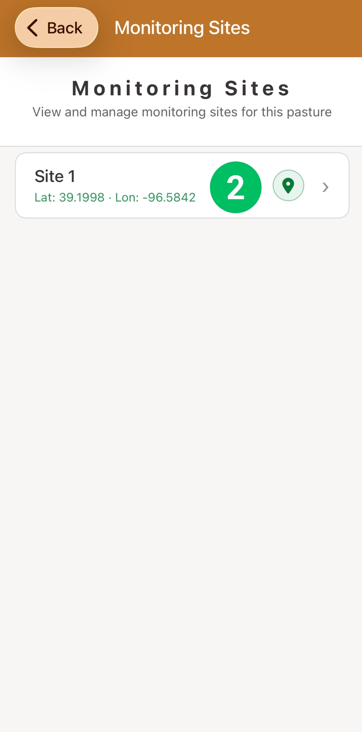 Monitoring Sites list, with a site entry marked 2