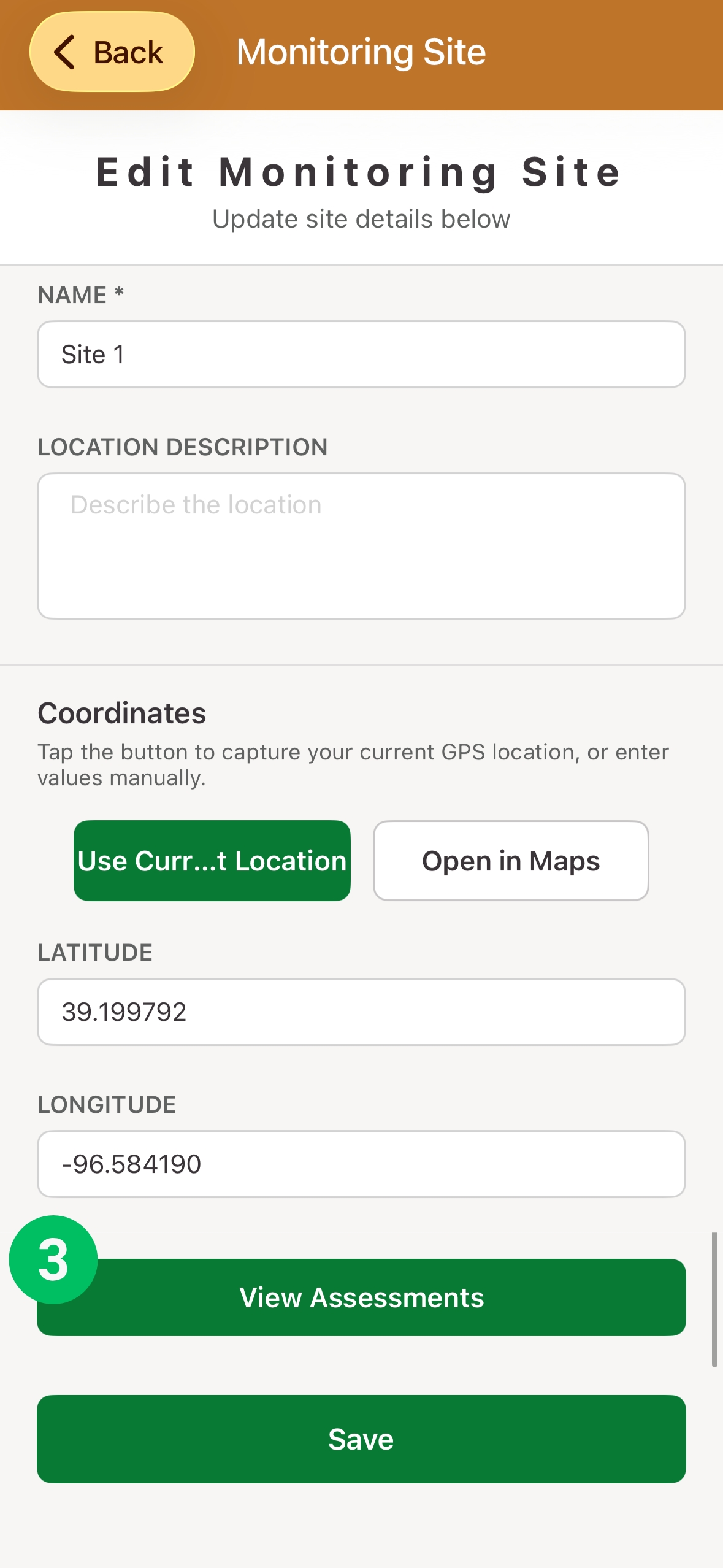 Edit Monitoring Site form, with View Assessments marked 3