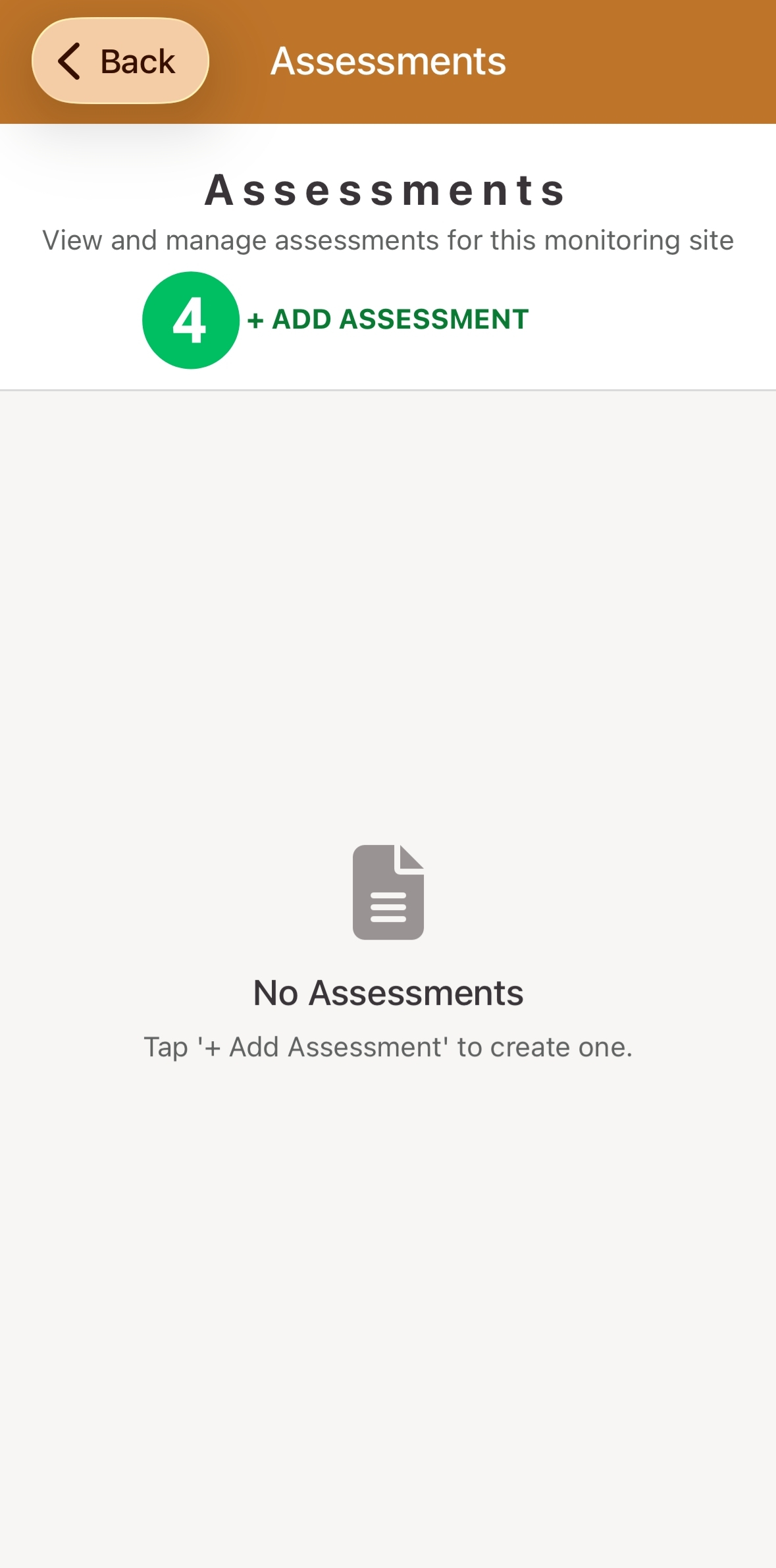 Empty Assessments screen, with Add Assessment marked 4