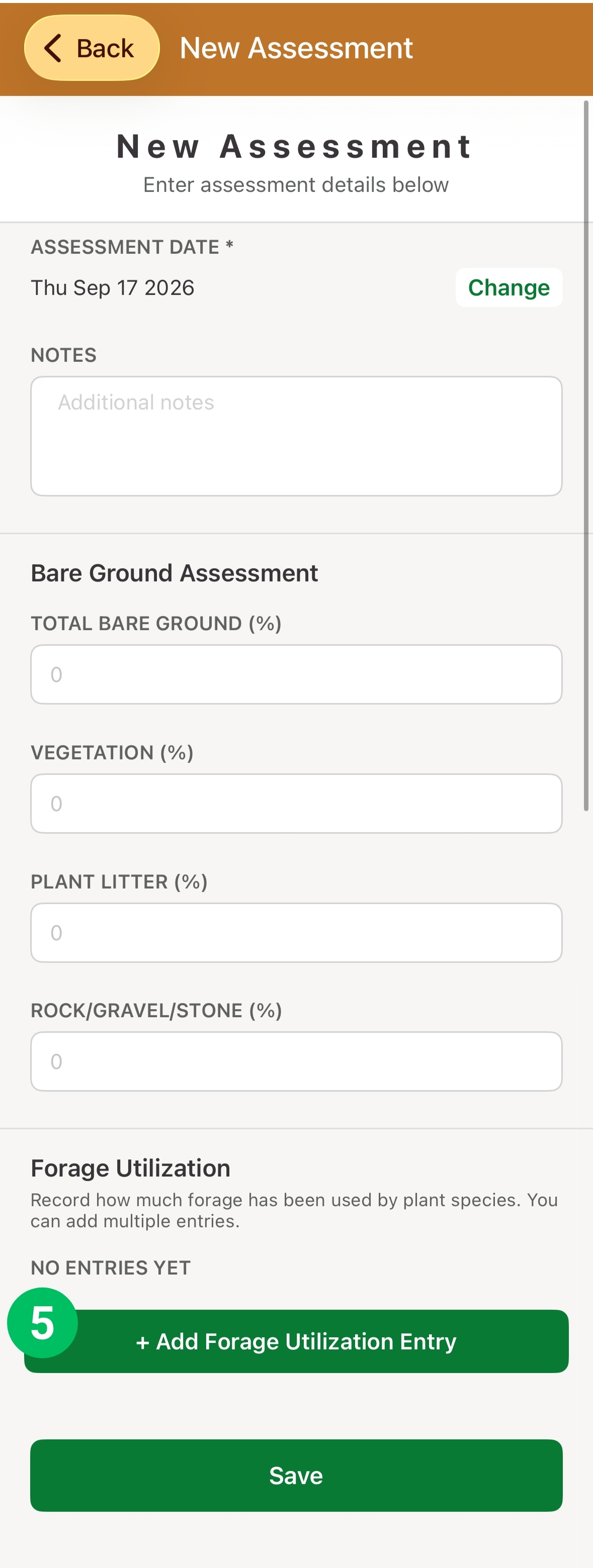 New Assessment form, with Add Forage Utilization Entry marked 5