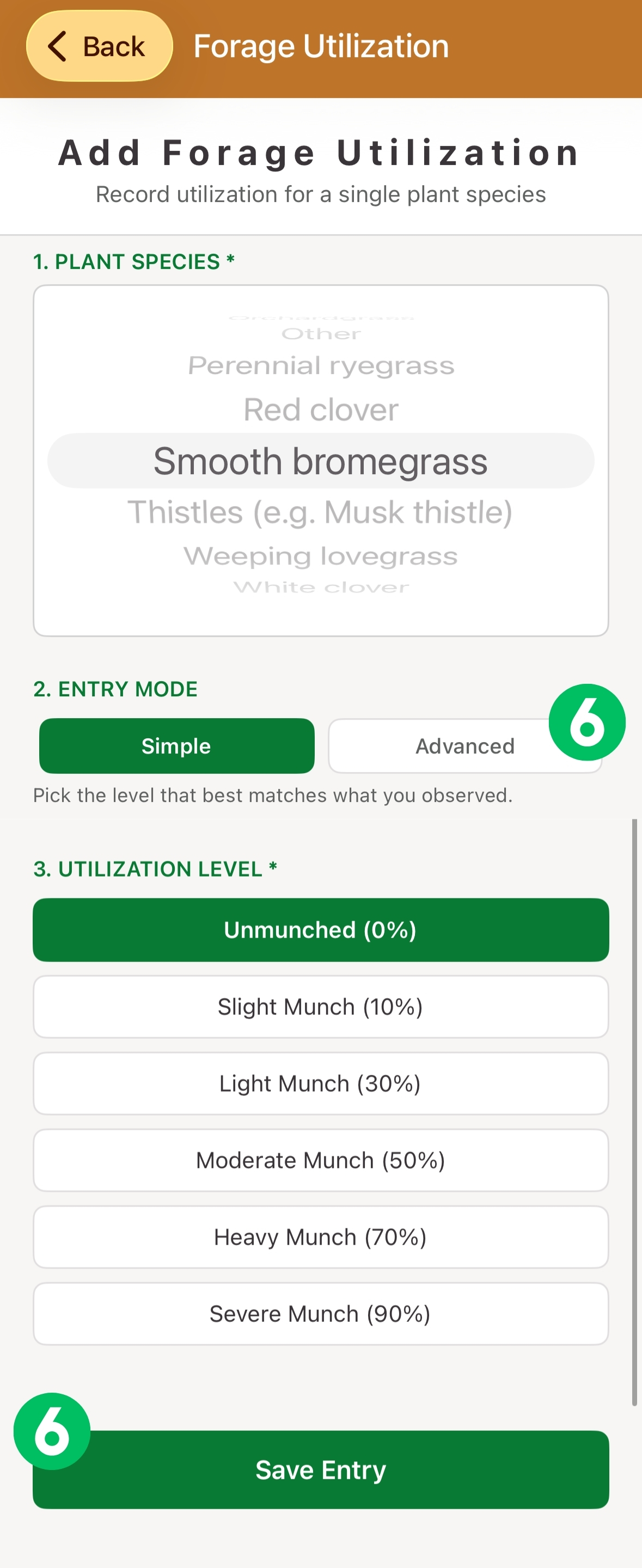 Add Forage Utilization screen, with utilization controls and Save Entry marked 6
