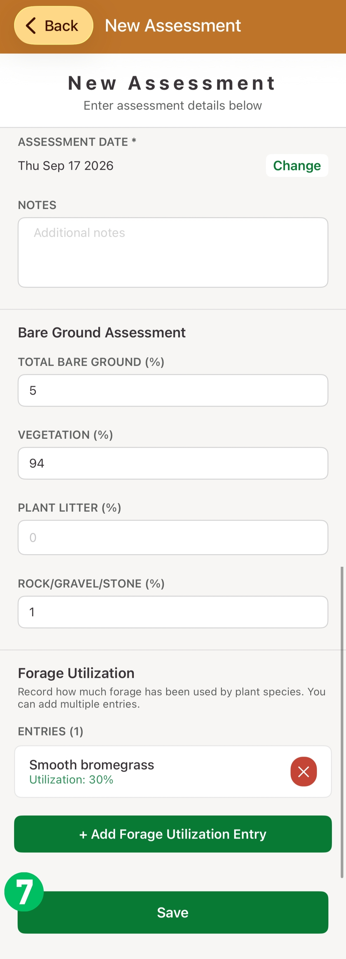 New Assessment form, with forage utilization entry and Save marked 7