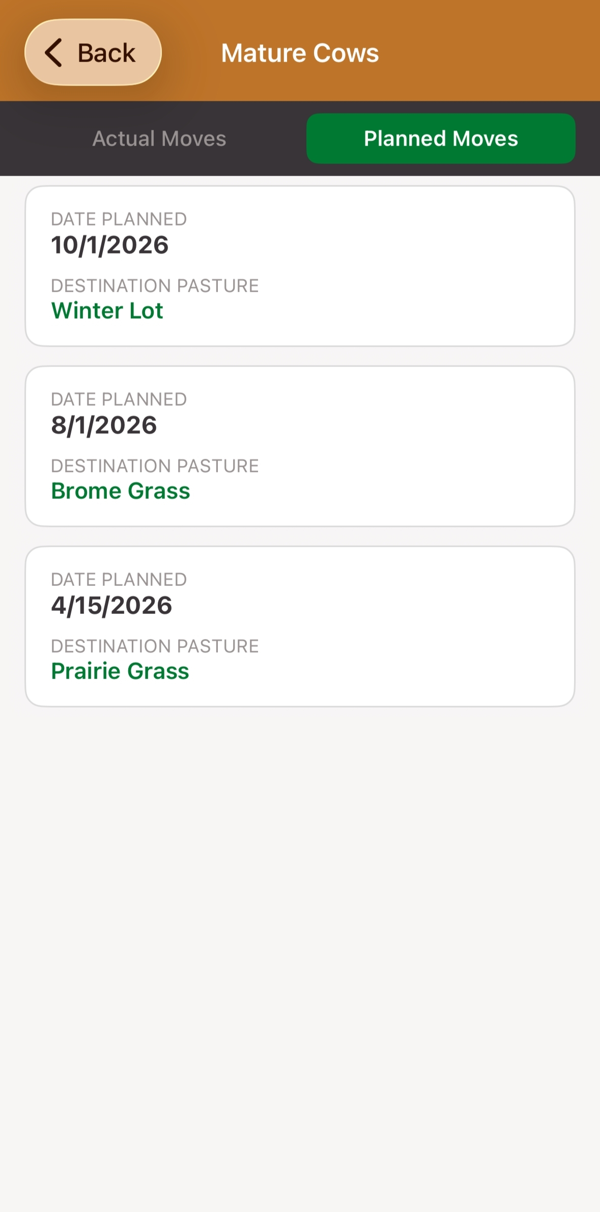 Planned Moves list for a herd