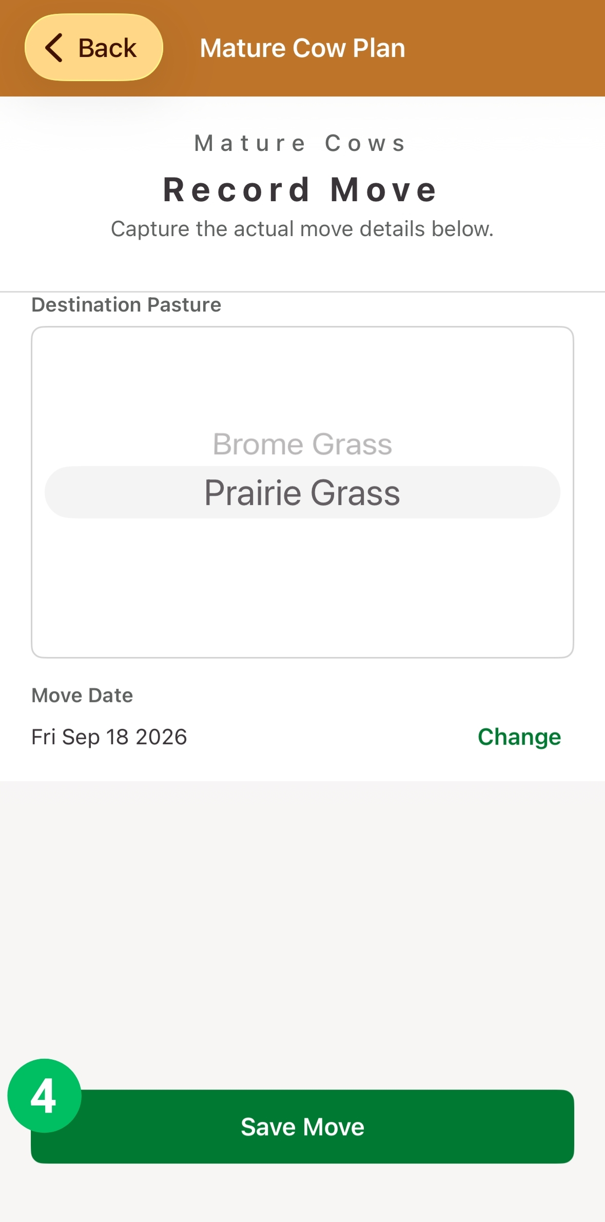 Record Move form, with Save Move marked 4