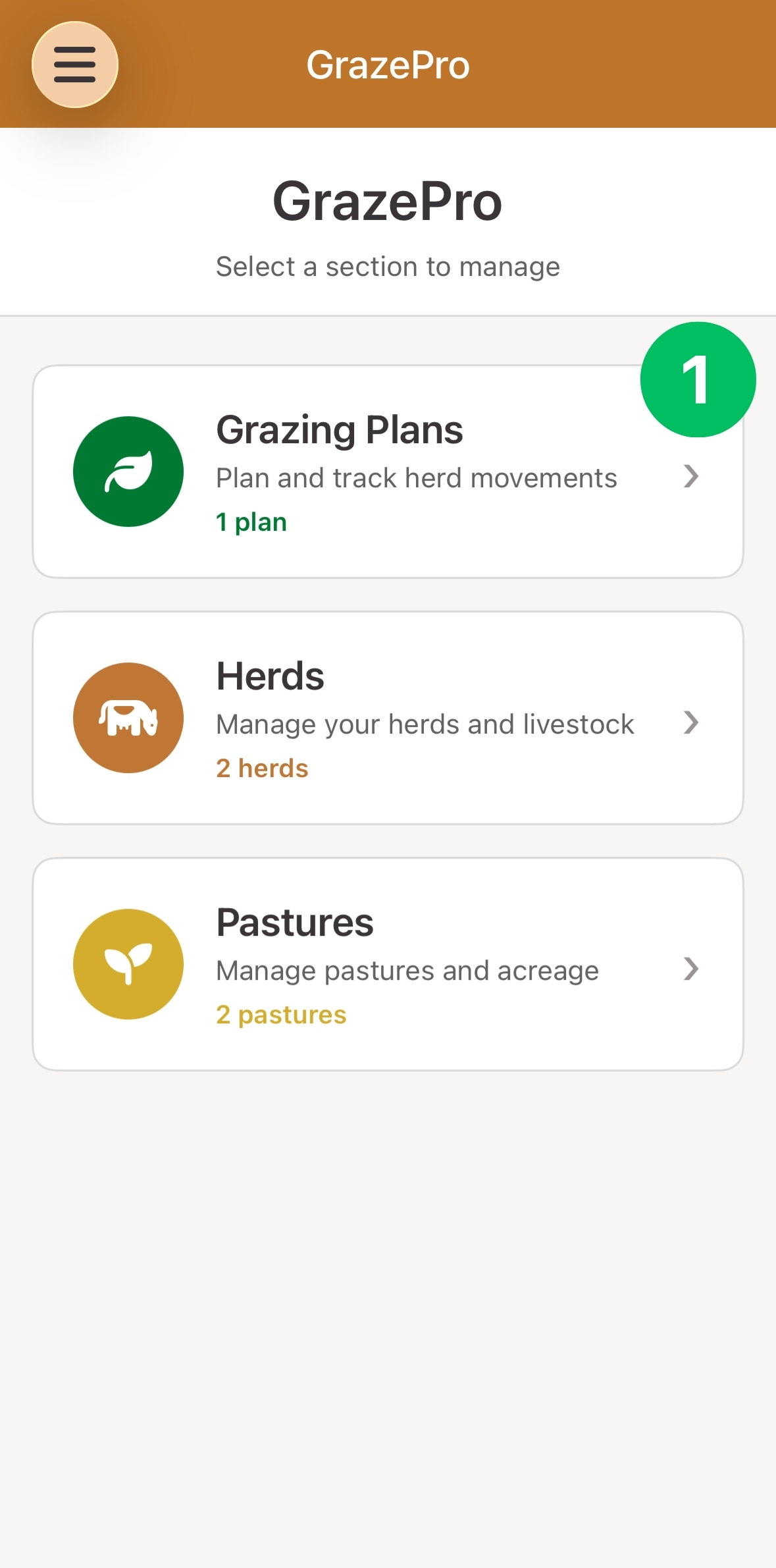 Mobile home screen, with the Grazing Plans section marked 1