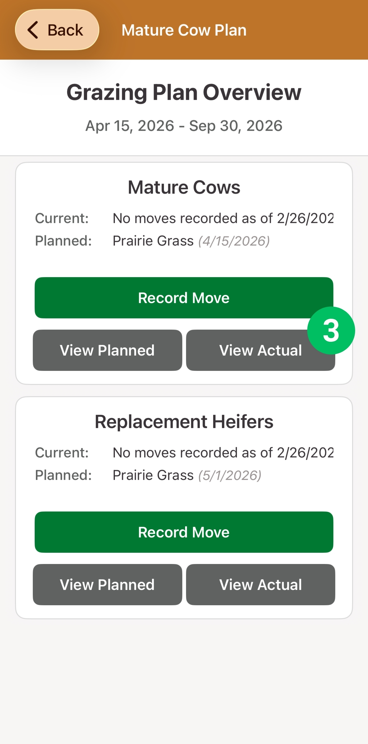 Grazing Plan Overview, with View Actual marked 3