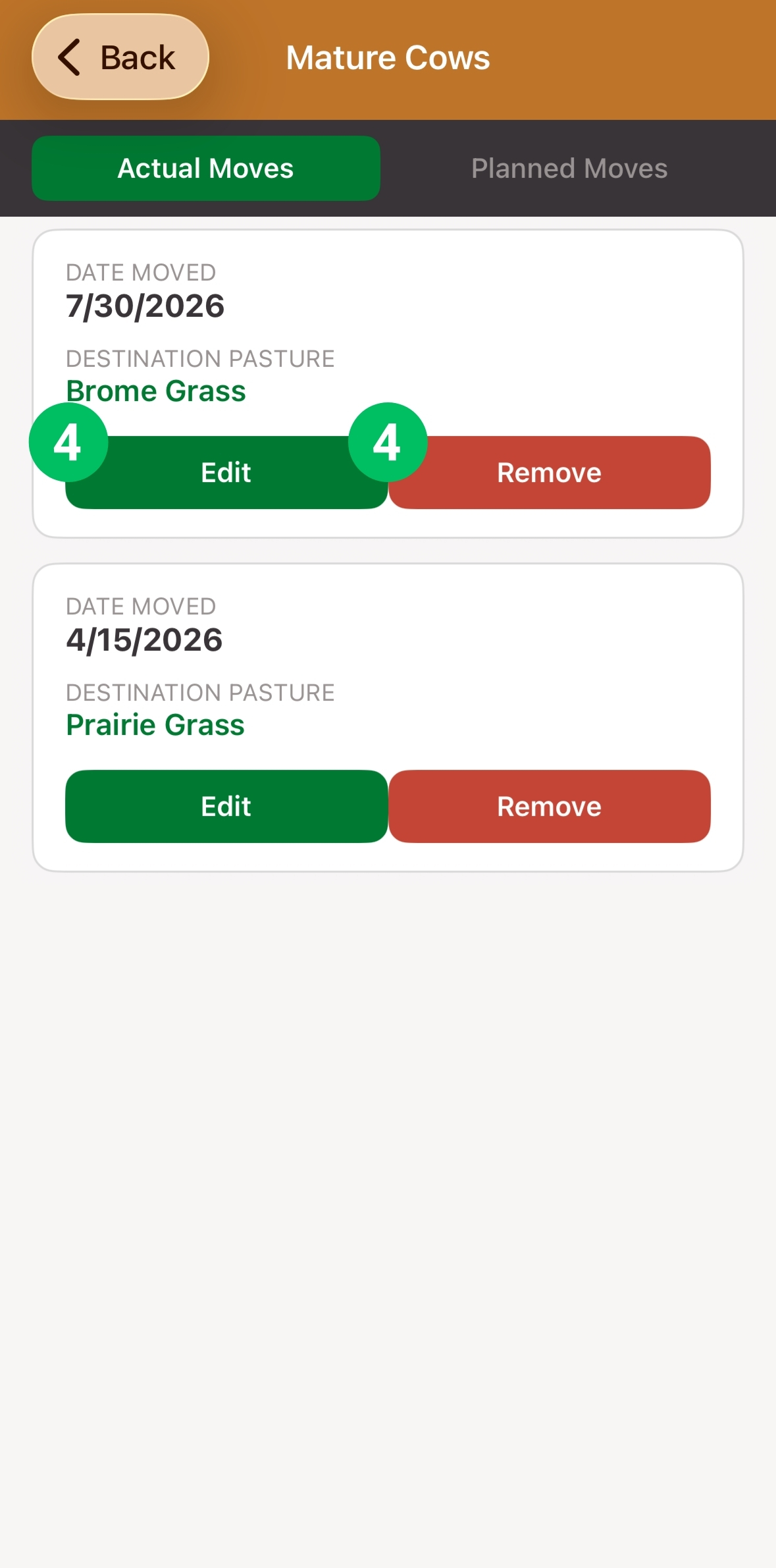 Actual Moves list, showing Edit and Remove controls marked 4